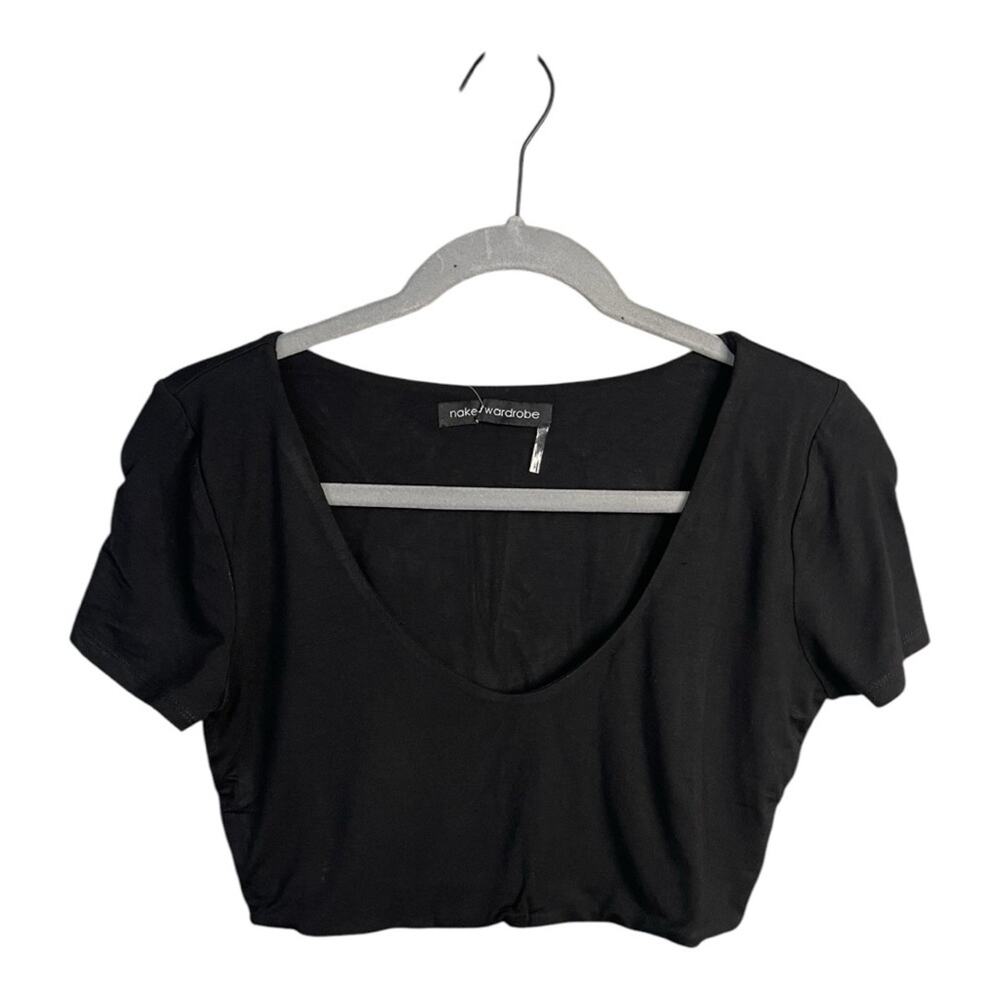 Naked Wardrobe Deep U-Neck Short Sleeve Crop Top in Black Size L‎ NWT